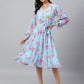 Janasya Women's Sky Blue Georgette Floral Printed Flared Western Dress | Swadesiicart