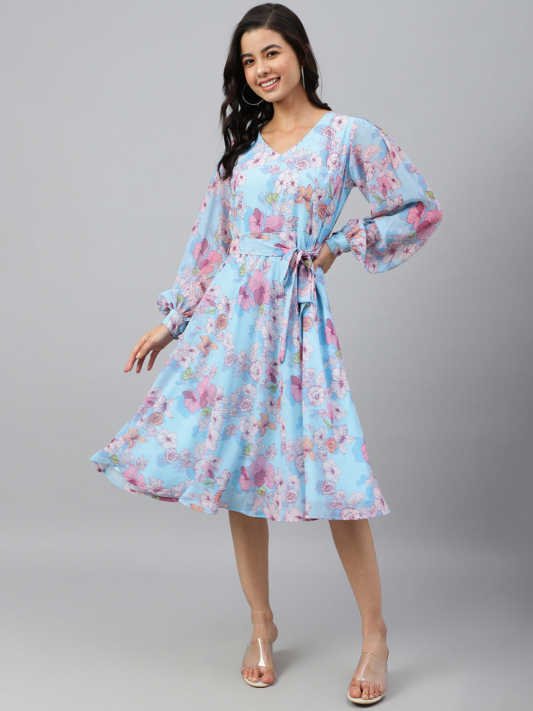 Janasya Women's Sky Blue Georgette Floral Printed Flared Western Dress | Swadesiicart