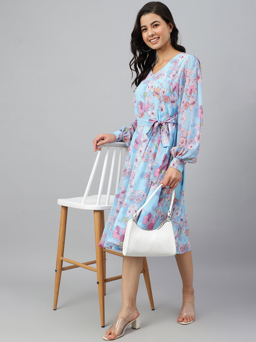 Janasya Women's Sky Blue Georgette Floral Printed Flared Western Dress | Swadesiicart