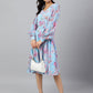Janasya Women's Sky Blue Georgette Floral Printed Flared Western Dress | Swadesiicart
