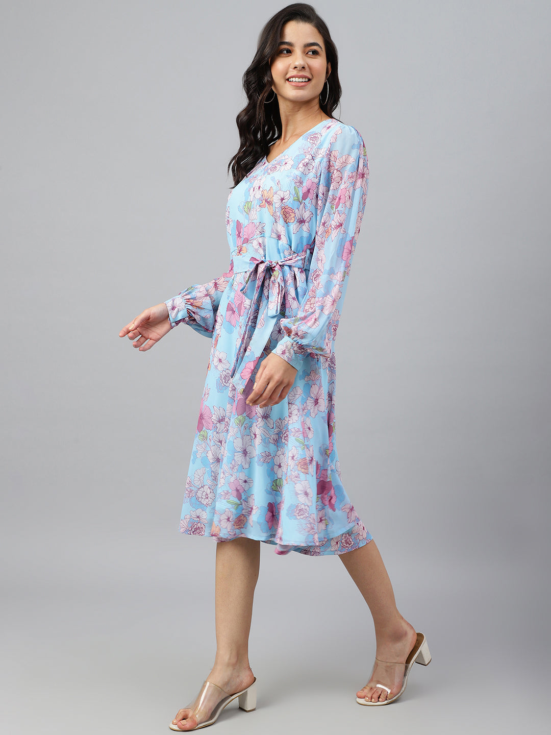Janasya Women's Sky Blue Georgette Floral Printed Flared Western Dress | Swadesiicart