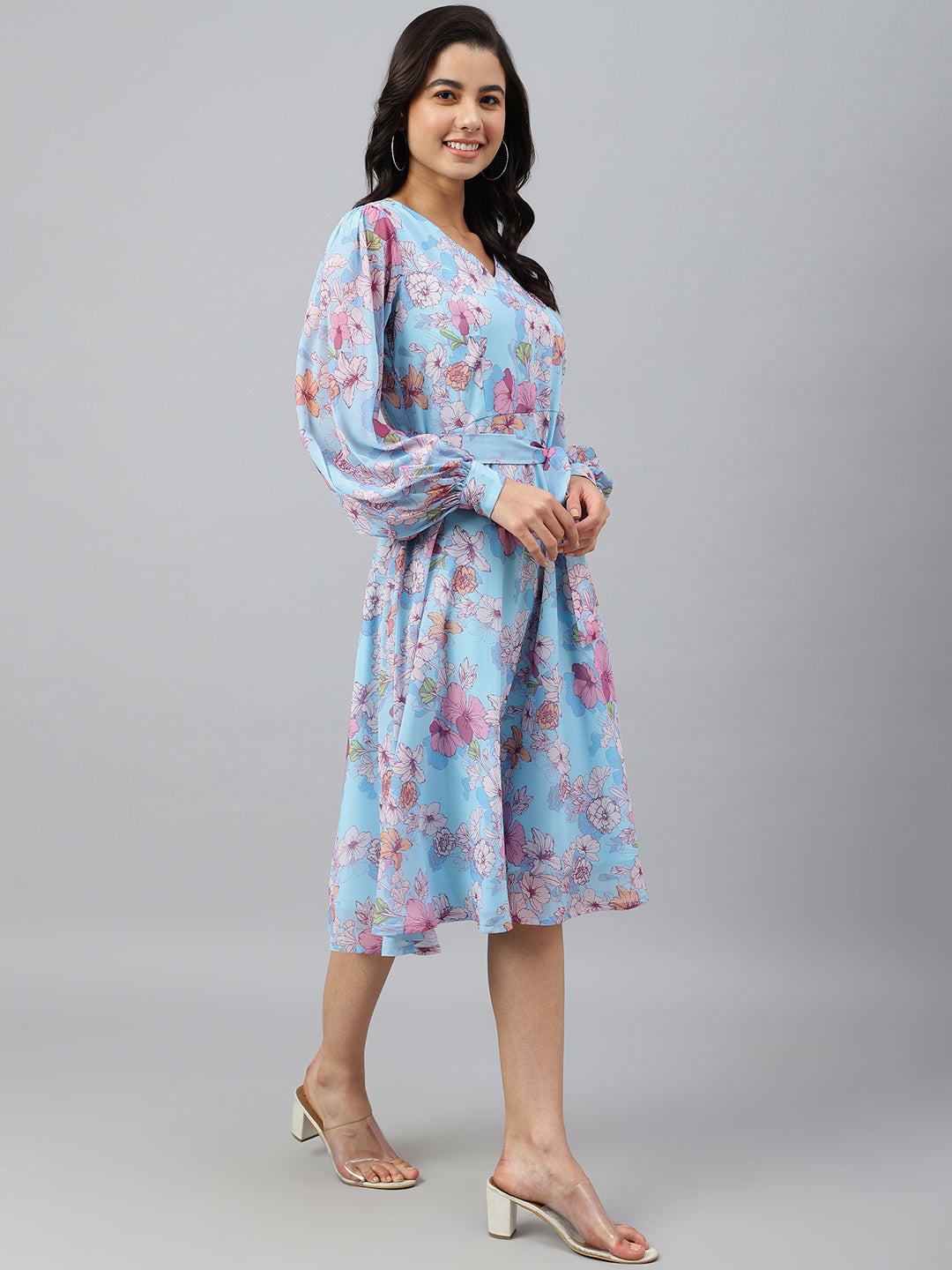 Janasya Women's Sky Blue Georgette Floral Printed Flared Western Dress | Swadesiicart