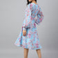 Janasya Women's Sky Blue Georgette Floral Printed Flared Western Dress | Swadesiicart