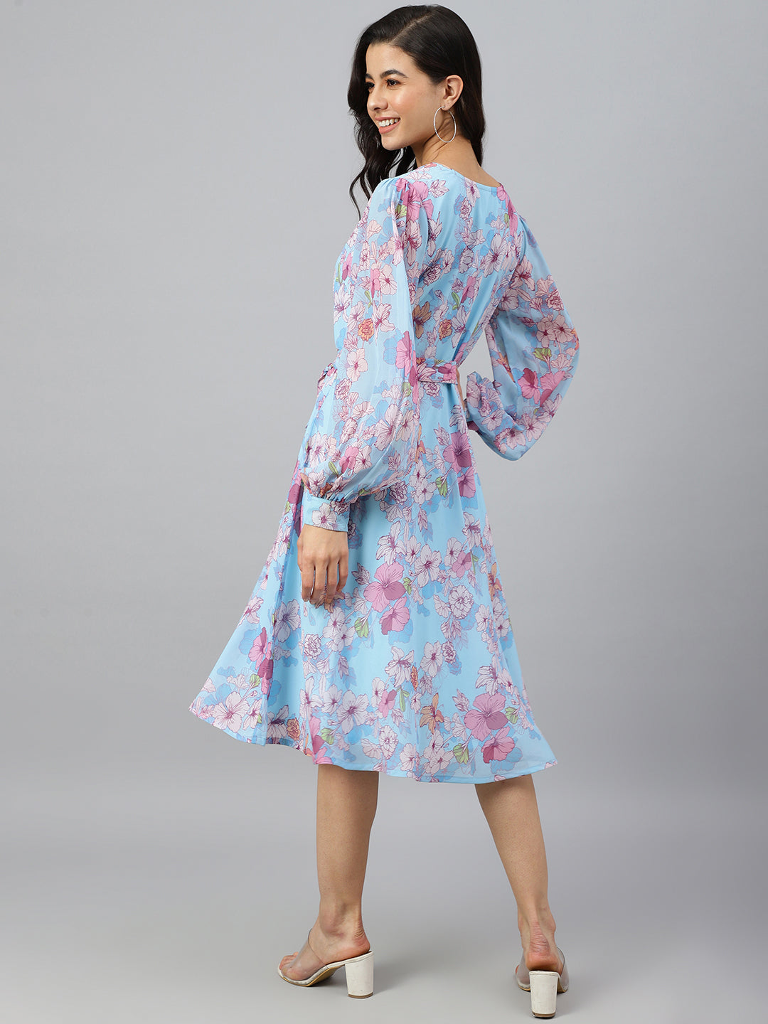 Janasya Women's Sky Blue Georgette Floral Printed Flared Western Dress | Swadesiicart