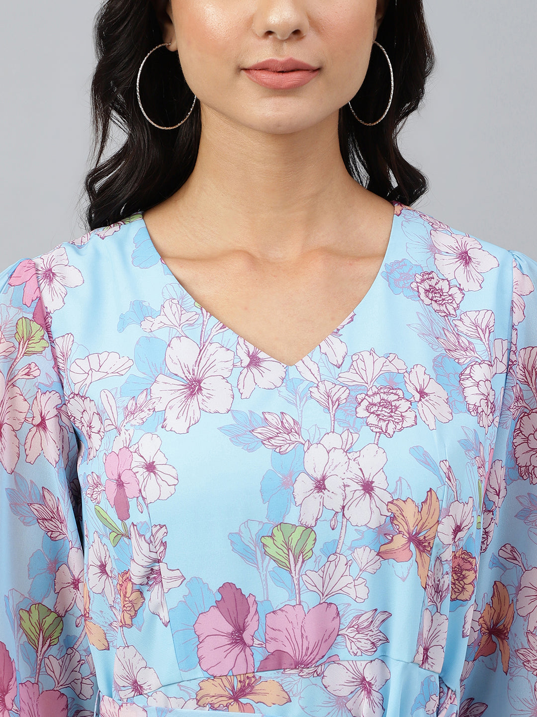 Janasya Women's Sky Blue Georgette Floral Printed Flared Western Dress | Swadesiicart