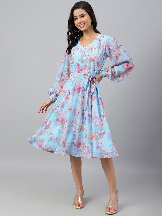 Janasya Women's Sky Blue Georgette Floral Printed Flared Western Dress | Swadesiicart