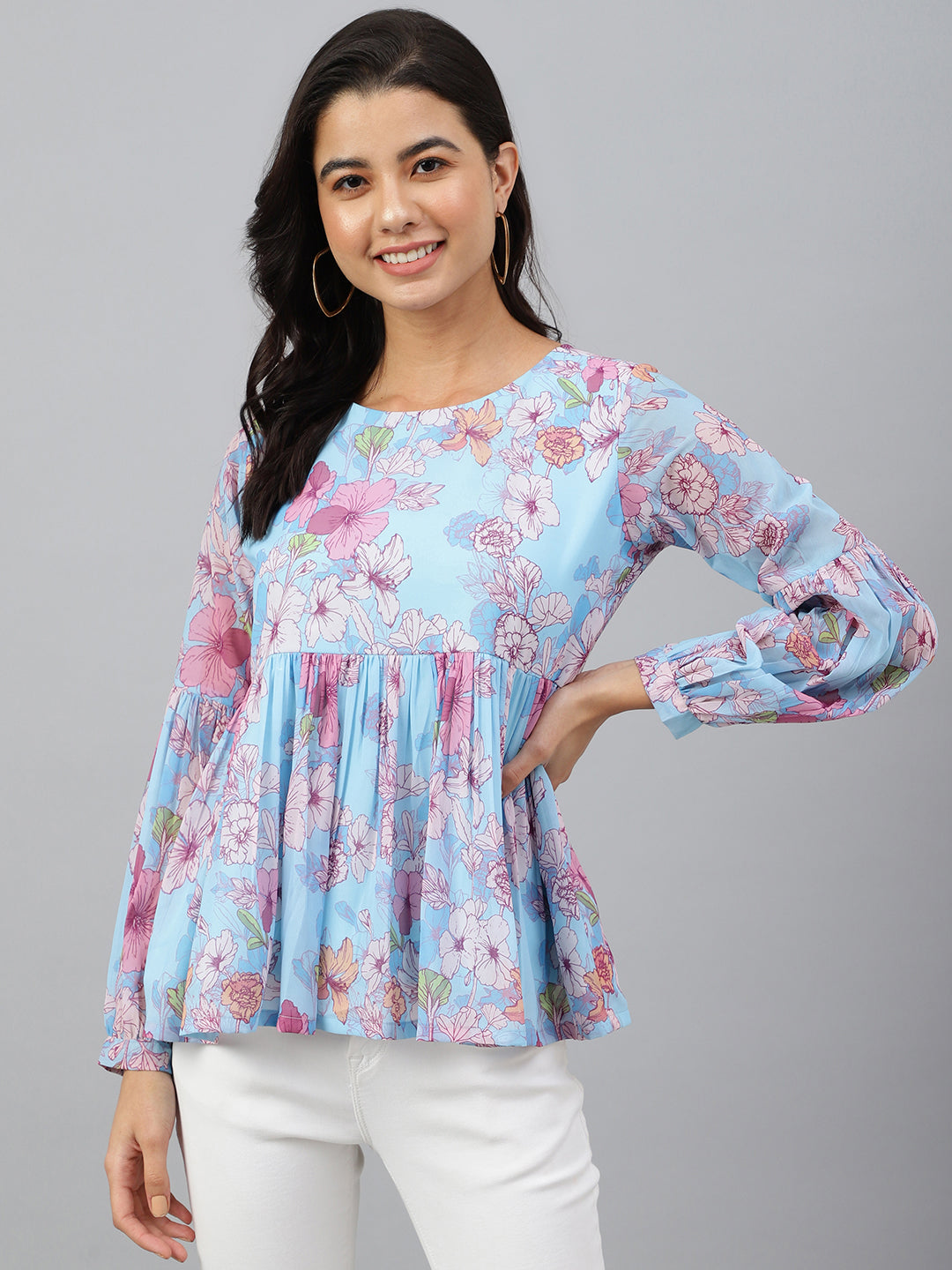 Janasya Women's Sky Blue Georgette Floral Print Flared Top | Swadesiicart