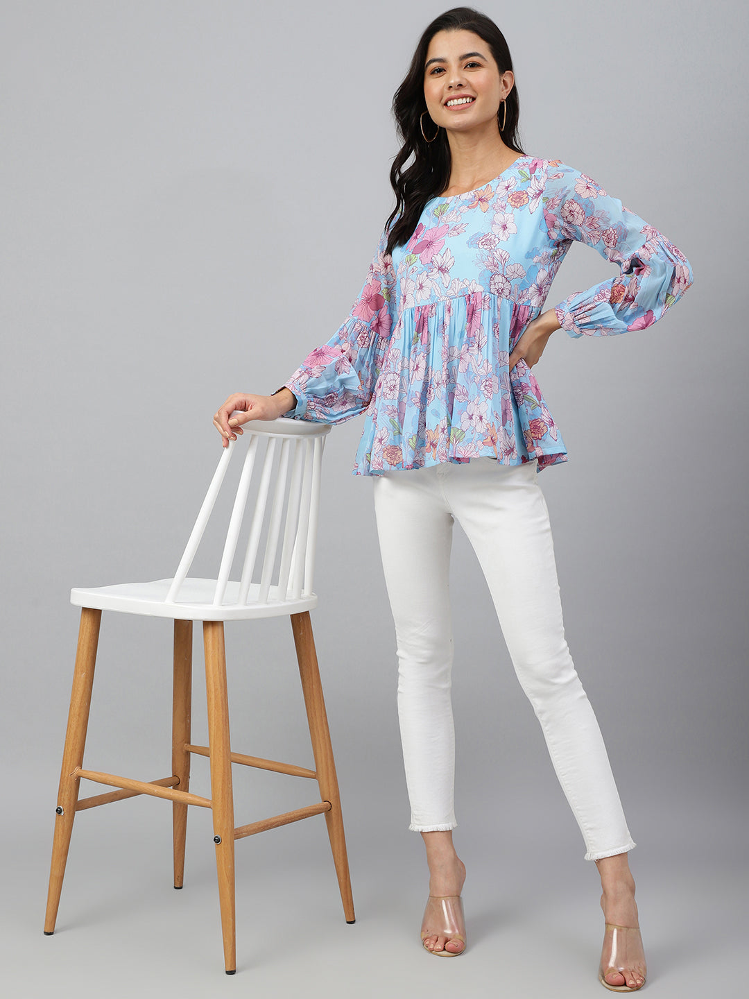 Janasya Women's Sky Blue Georgette Floral Print Flared Top | Swadesiicart