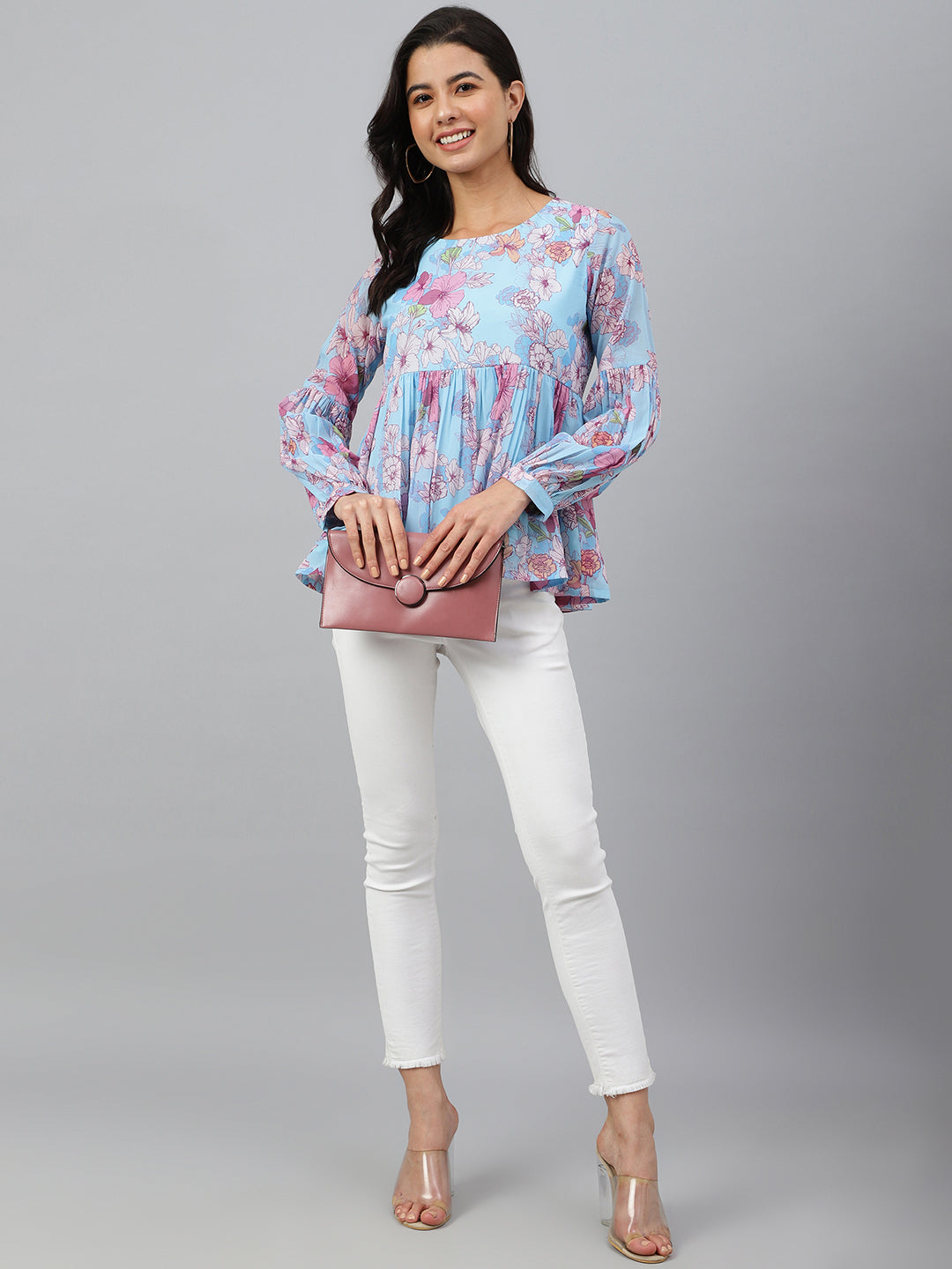 Janasya Women's Sky Blue Georgette Floral Print Flared Top | Swadesiicart