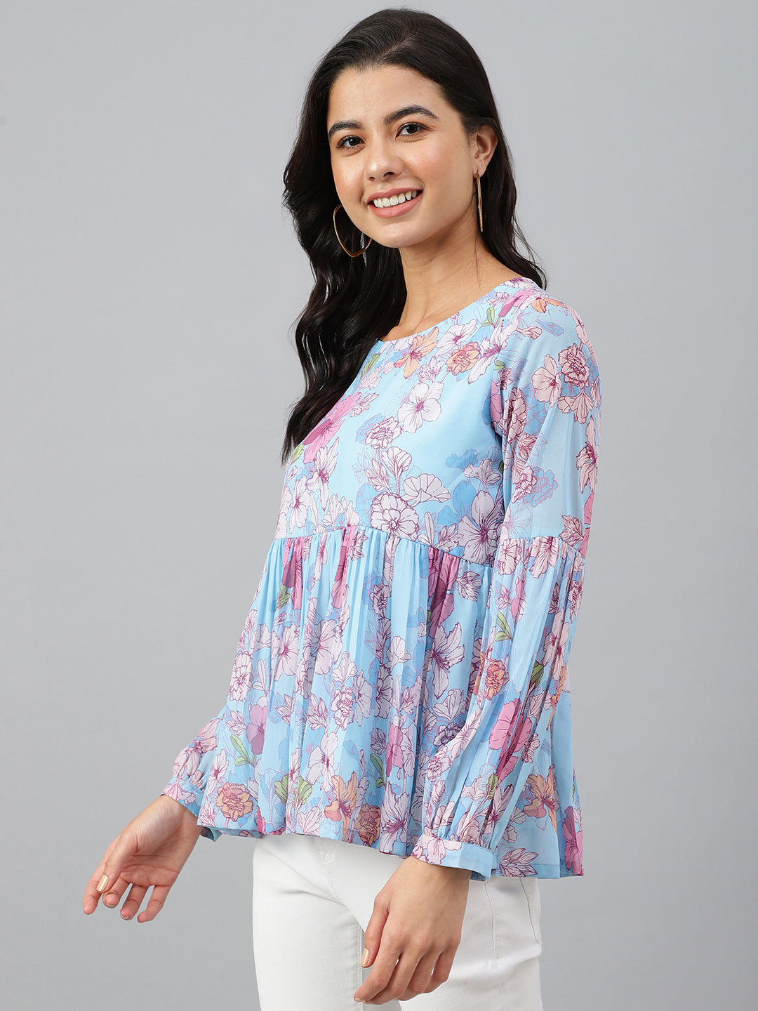 Janasya Women's Sky Blue Georgette Floral Print Flared Top | Swadesiicart