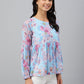 Janasya Women's Sky Blue Georgette Floral Print Flared Top | Swadesiicart