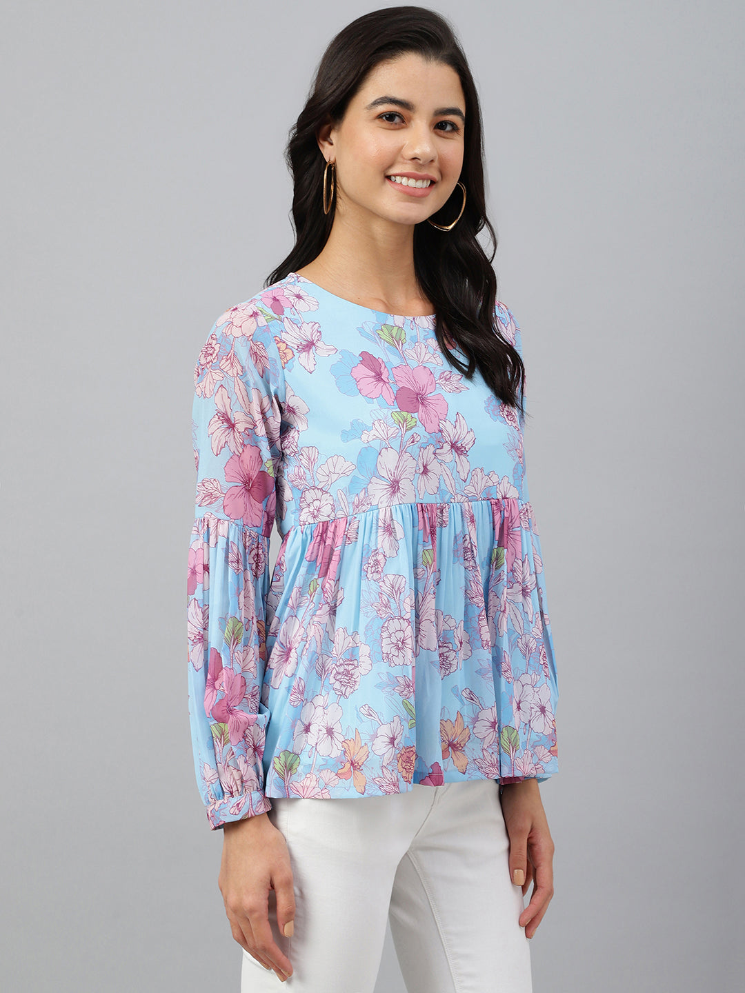 Janasya Women's Sky Blue Georgette Floral Print Flared Top | Swadesiicart
