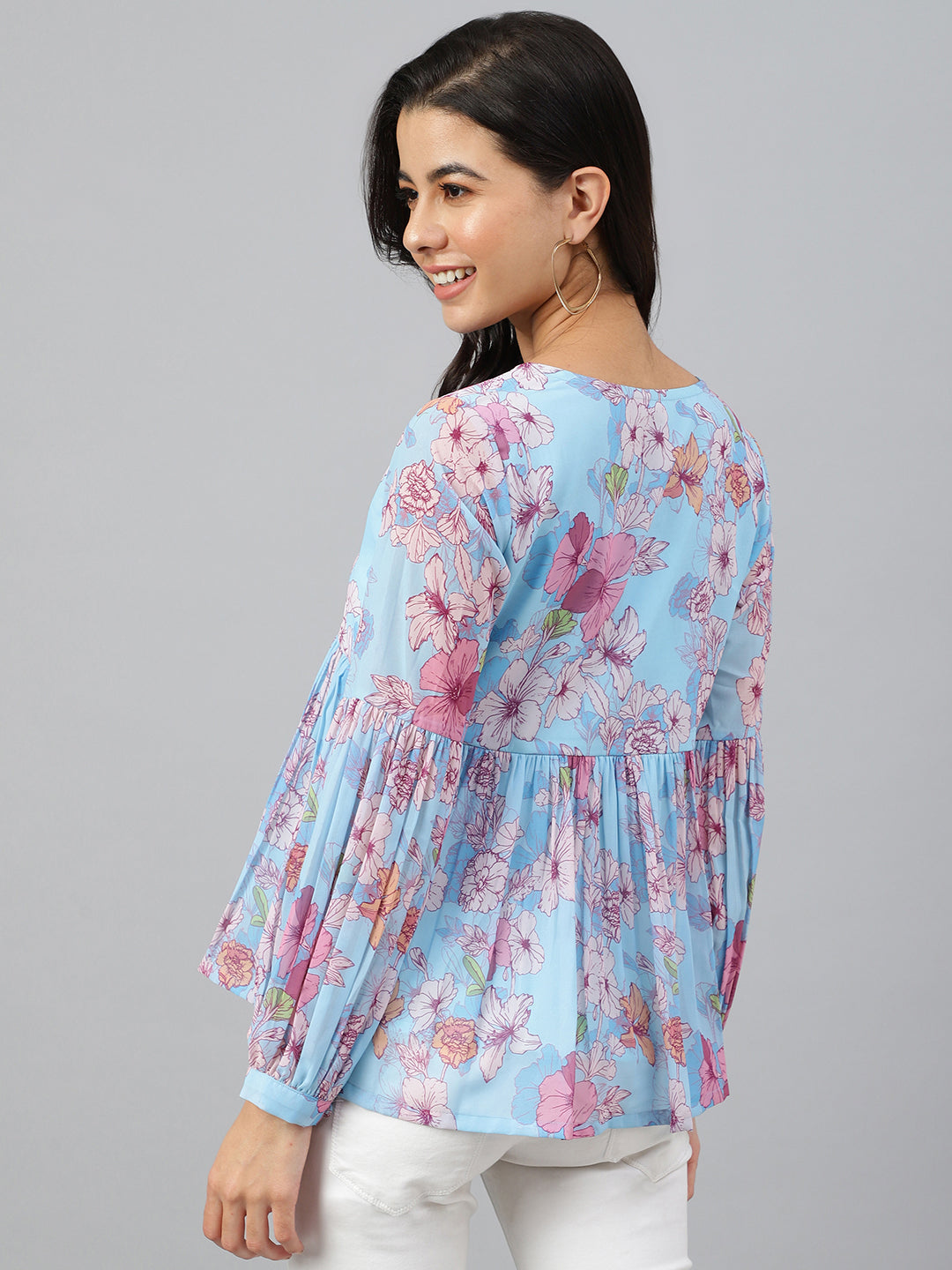 Janasya Women's Sky Blue Georgette Floral Print Flared Top | Swadesiicart