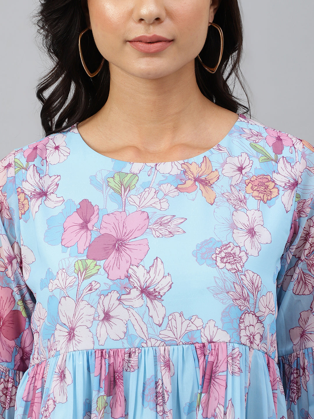 Janasya Women's Sky Blue Georgette Floral Print Flared Top | Swadesiicart
