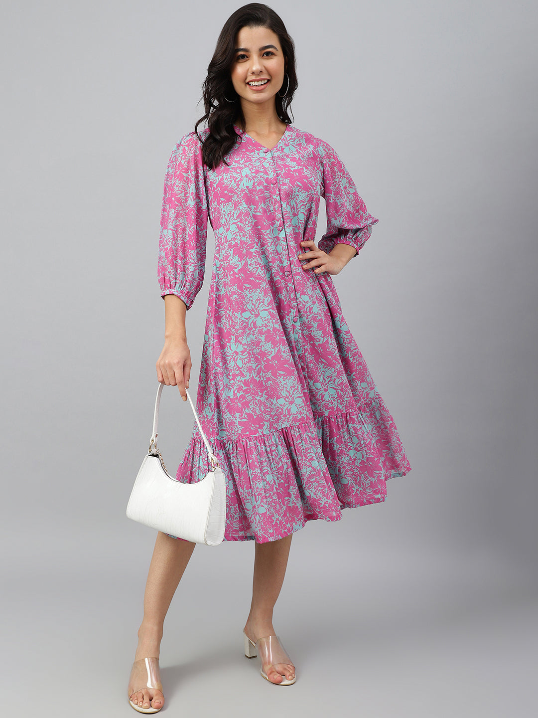 Janasya Women's Pink Georgette Floral Printed A-line Western Dress | Swadesiicart