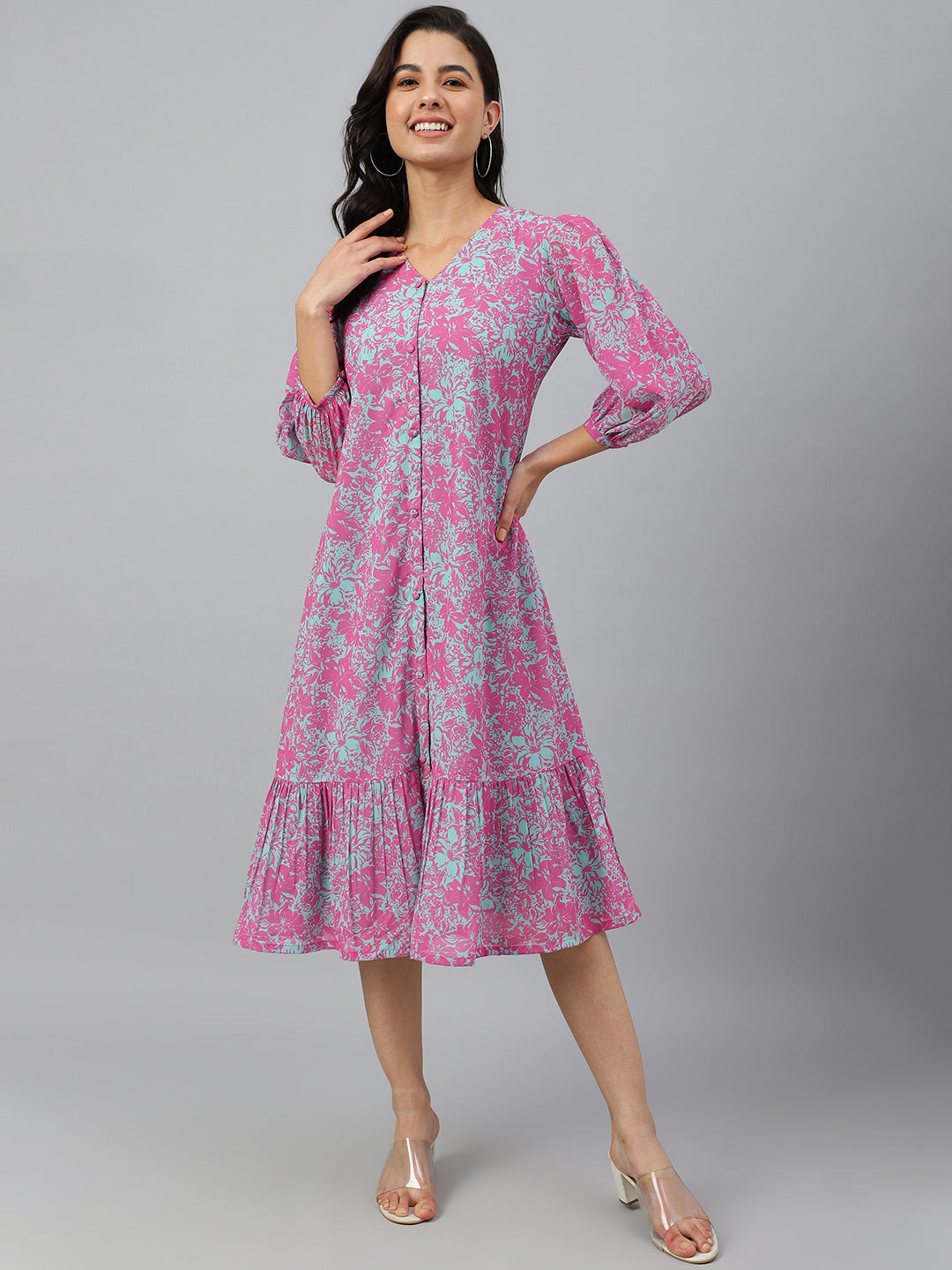Janasya Women's Pink Georgette Floral Printed A-line Western Dress | Swadesiicart