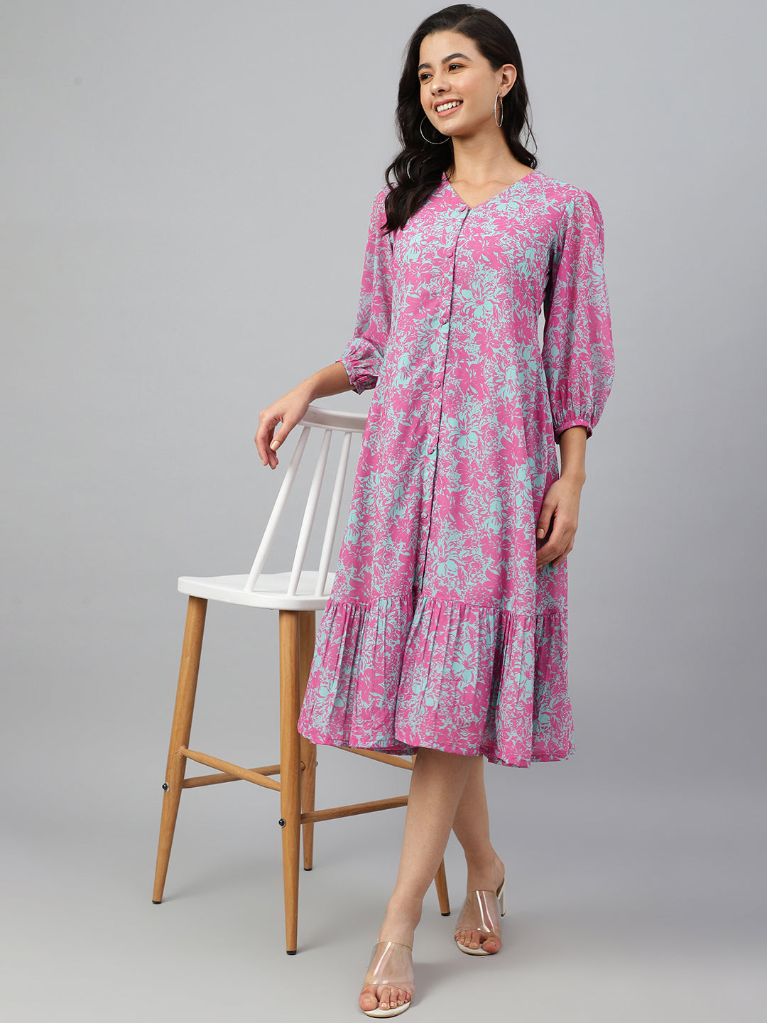 Janasya Women's Pink Georgette Floral Printed A-line Western Dress | Swadesiicart