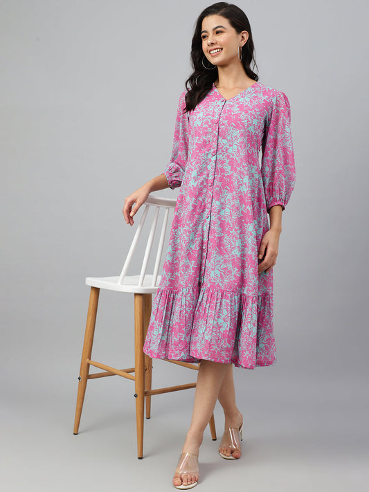 Janasya Women's Pink Georgette Floral Printed A-line Western Dress | Swadesiicart