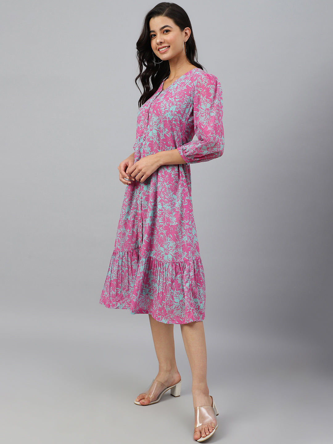 Janasya Women's Pink Georgette Floral Printed A-line Western Dress | Swadesiicart