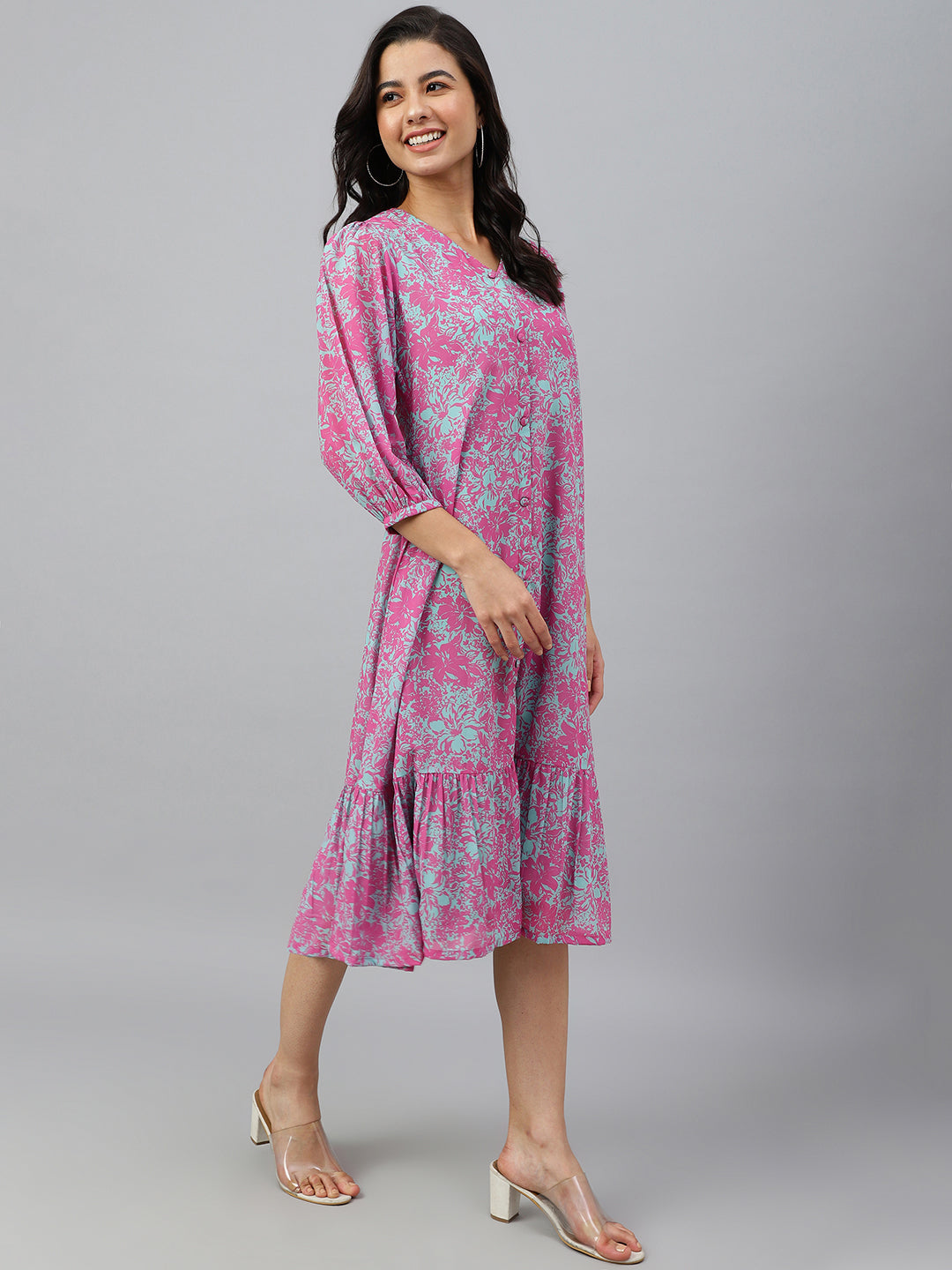 Janasya Women's Pink Georgette Floral Printed A-line Western Dress | Swadesiicart