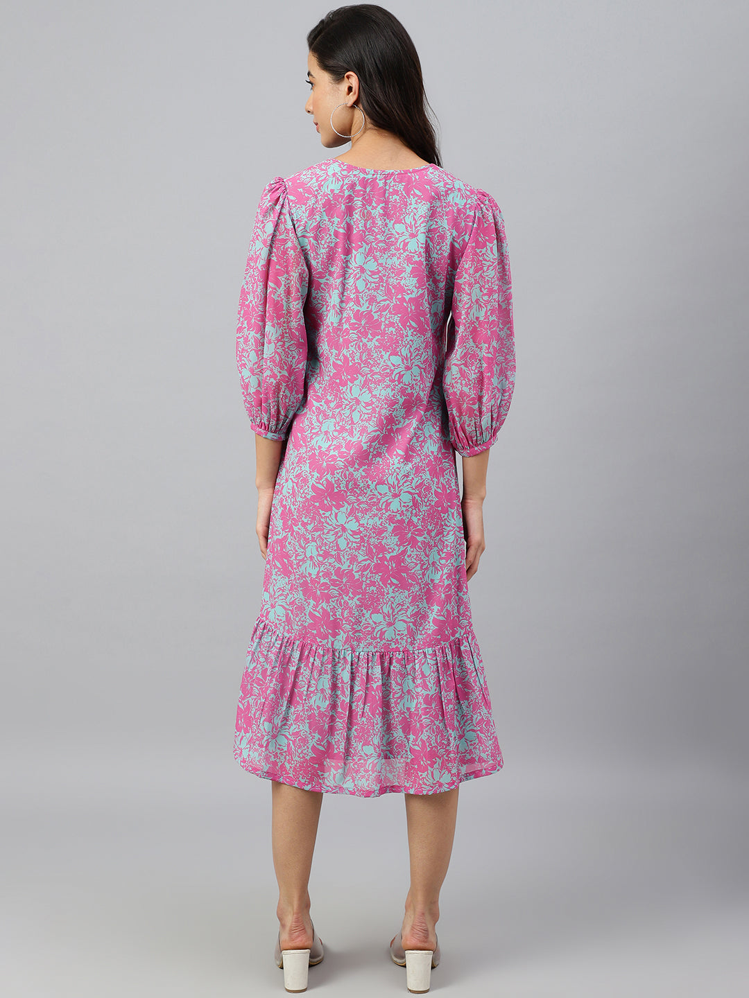 Janasya Women's Pink Georgette Floral Printed A-line Western Dress | Swadesiicart