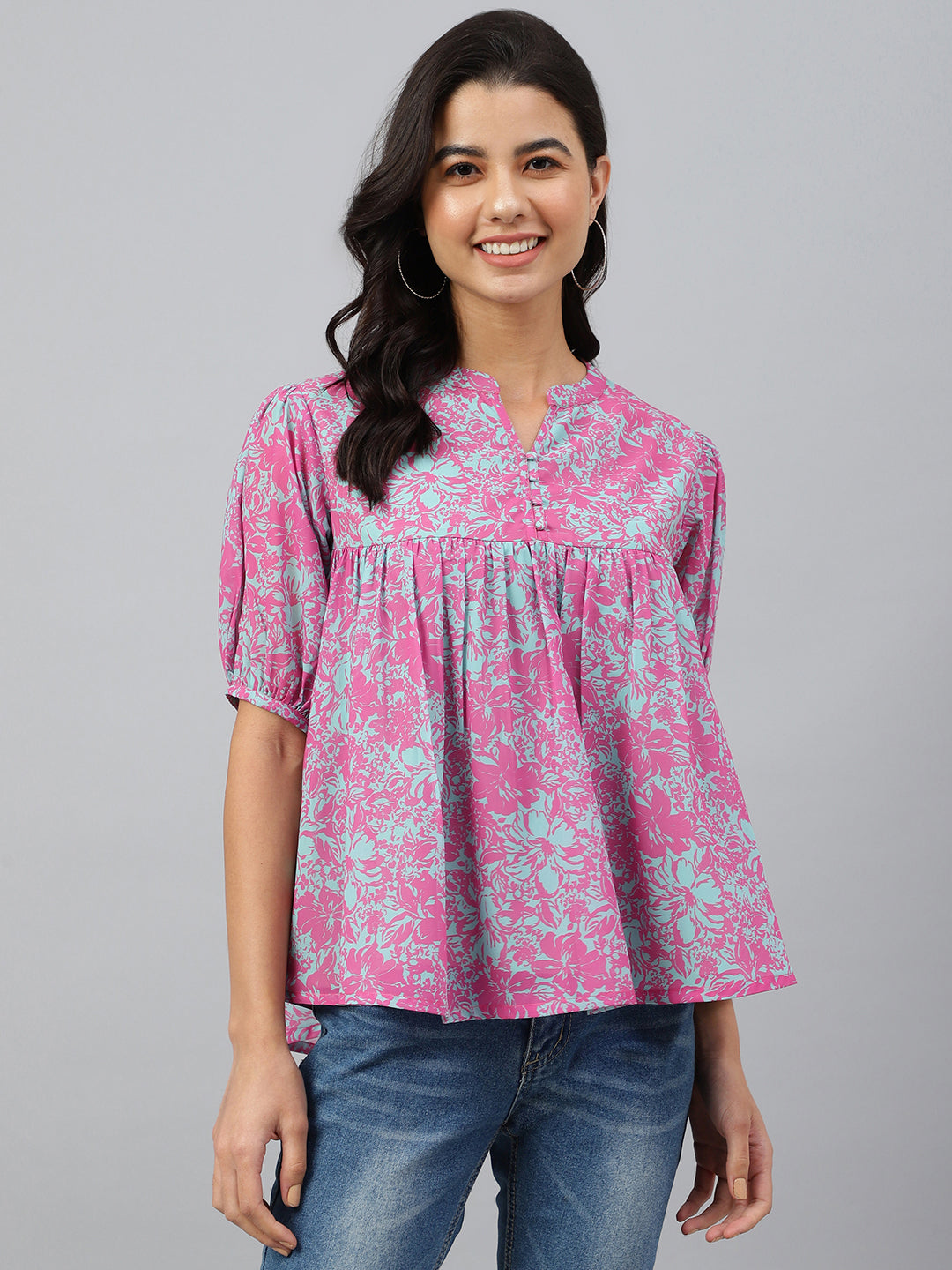 Janasya Women's Pink Georgette Digital Print Flared Top | Swadesiicart
