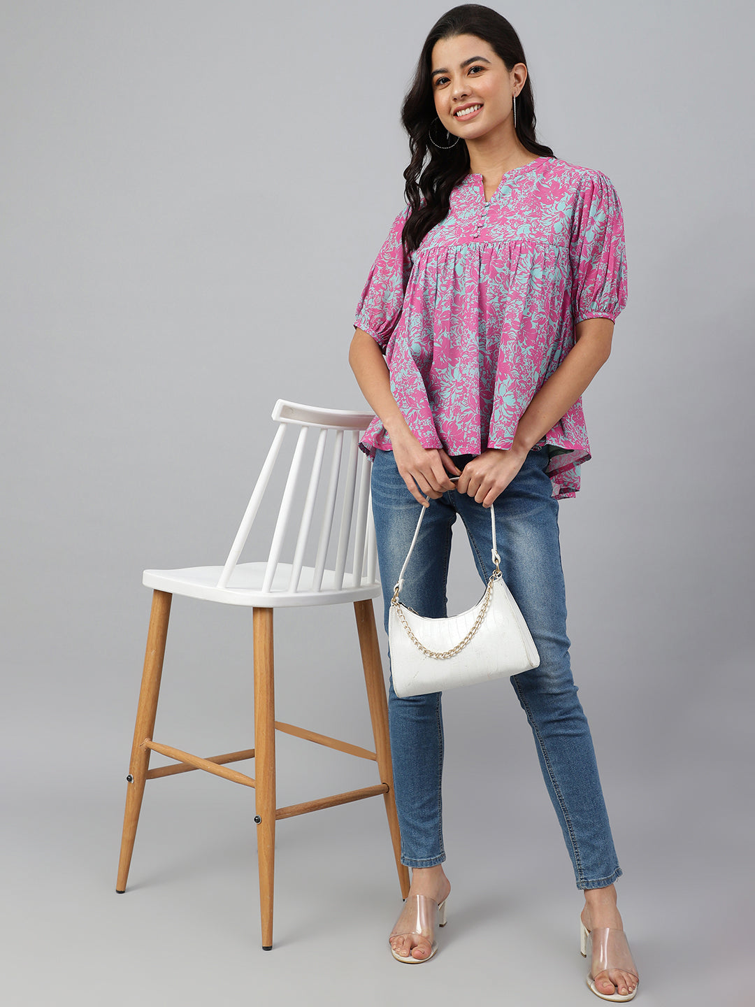 Janasya Women's Pink Georgette Digital Print Flared Top | Swadesiicart