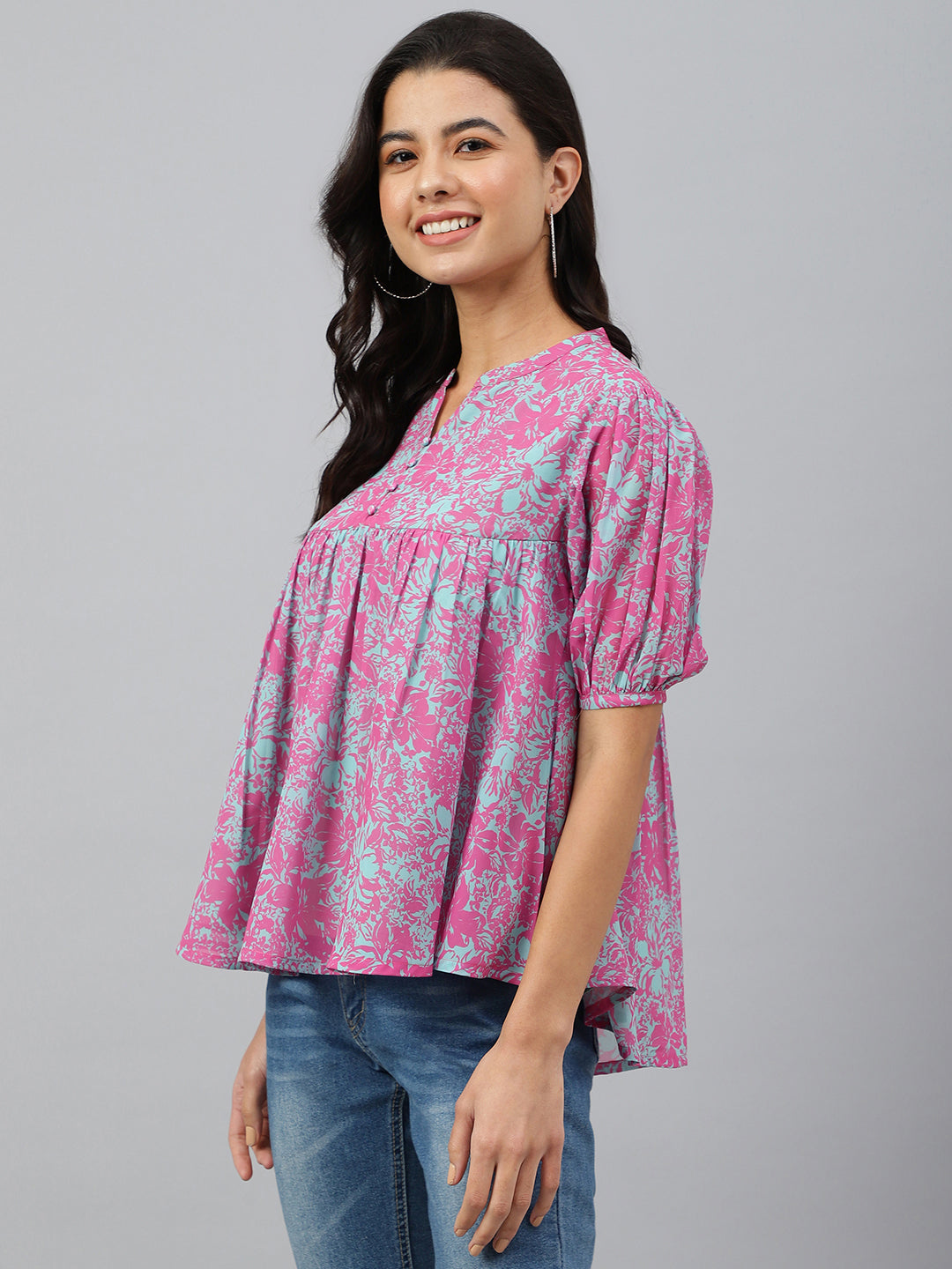 Janasya Women's Pink Georgette Digital Print Flared Top | Swadesiicart