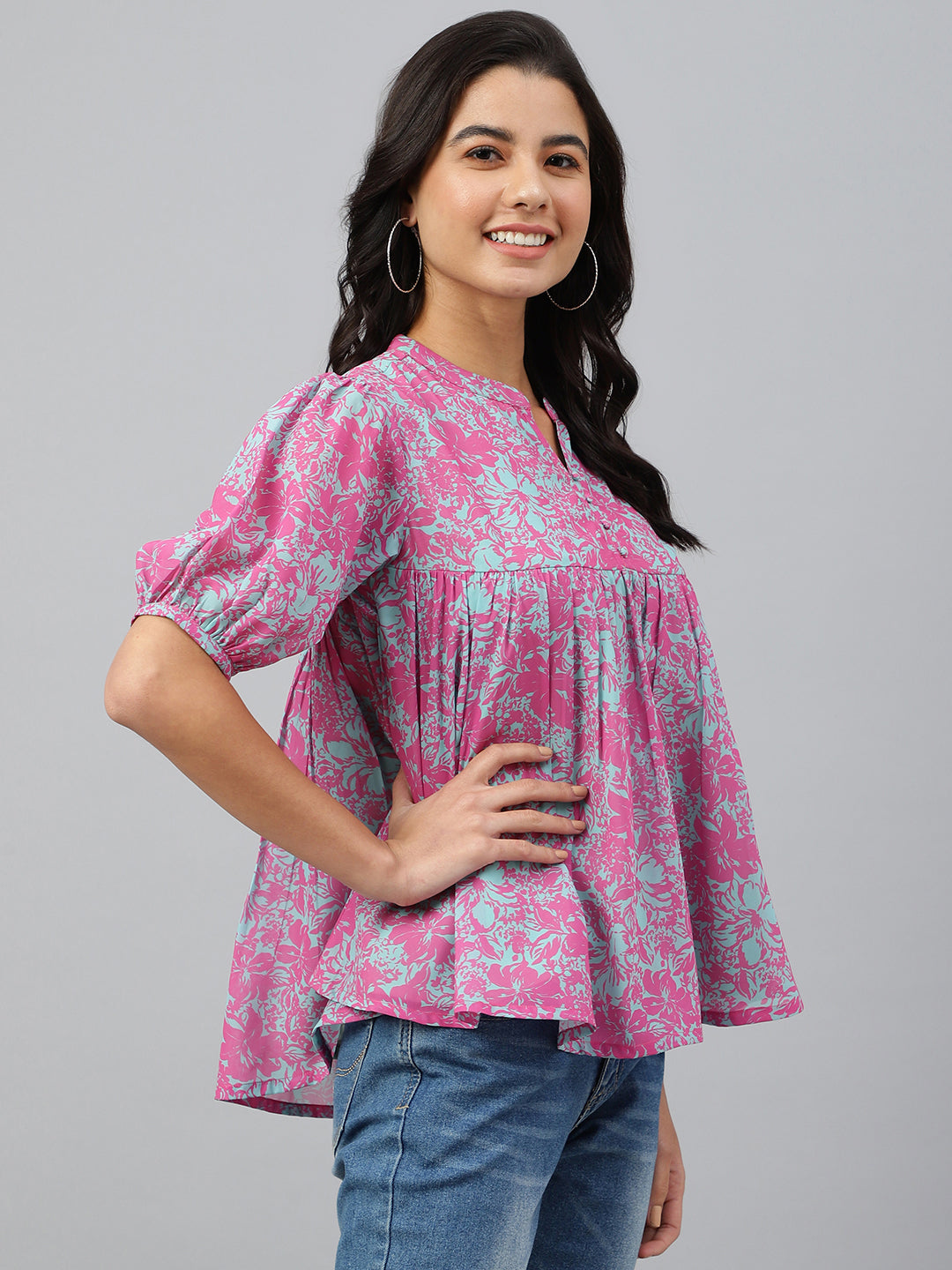Janasya Women's Pink Georgette Digital Print Flared Top | Swadesiicart