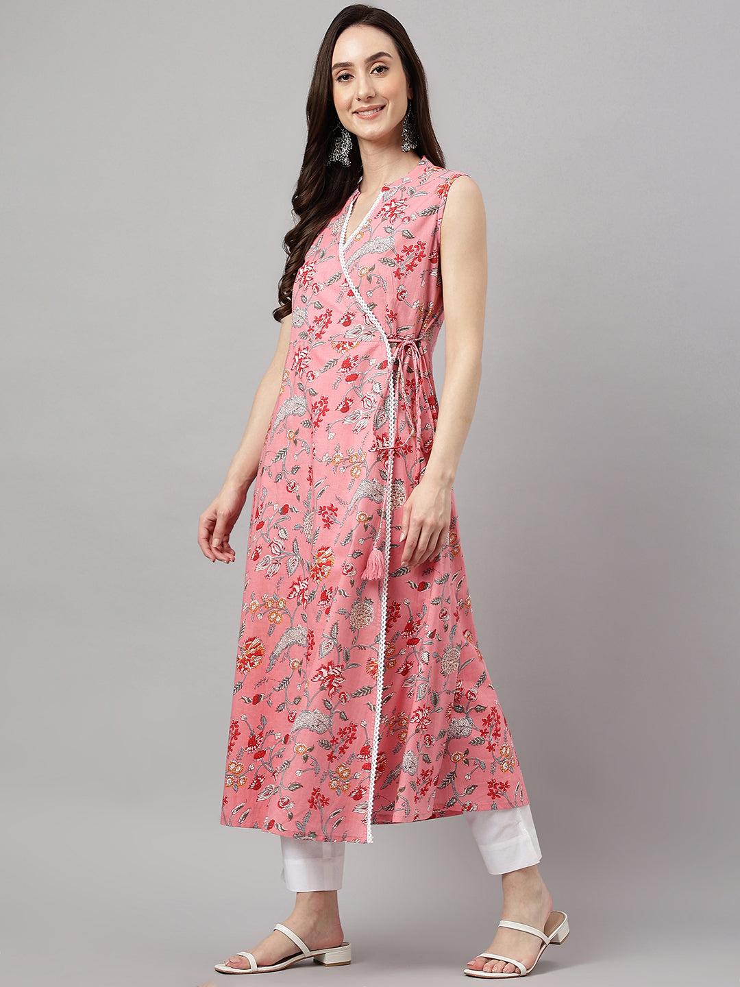 Janasya Women's Pink Cotton Floral Printed Casual Angrakha Kurta | Swadesiicart