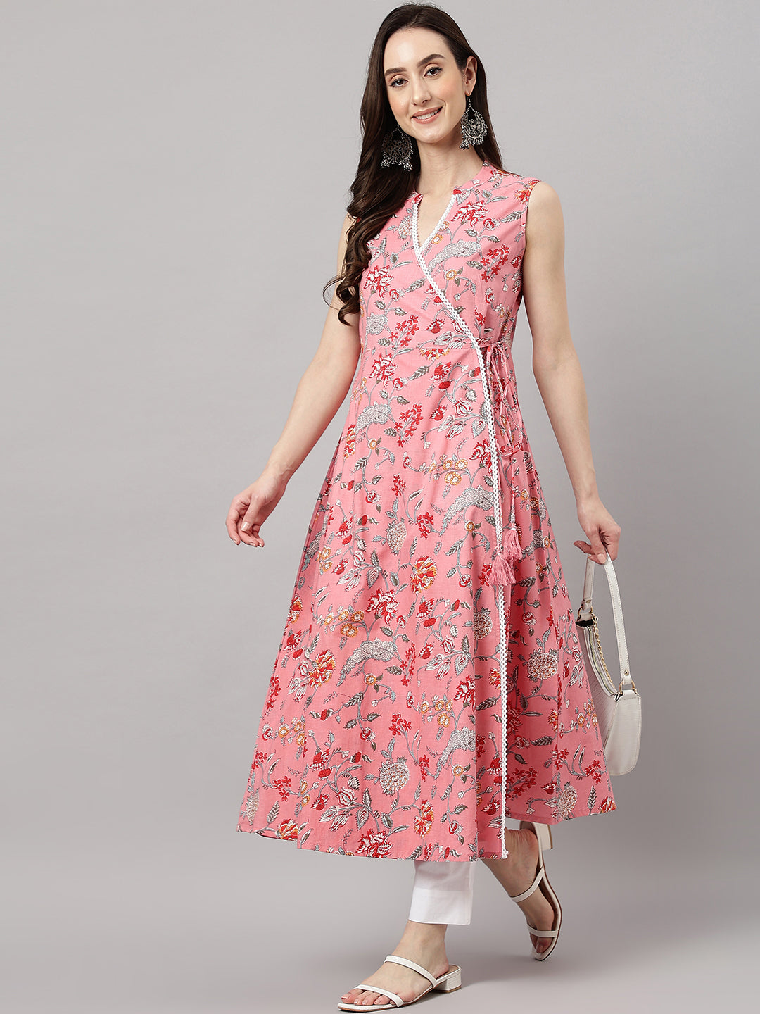 Janasya Women's Pink Cotton Floral Printed Casual Angrakha Kurta | Swadesiicart
