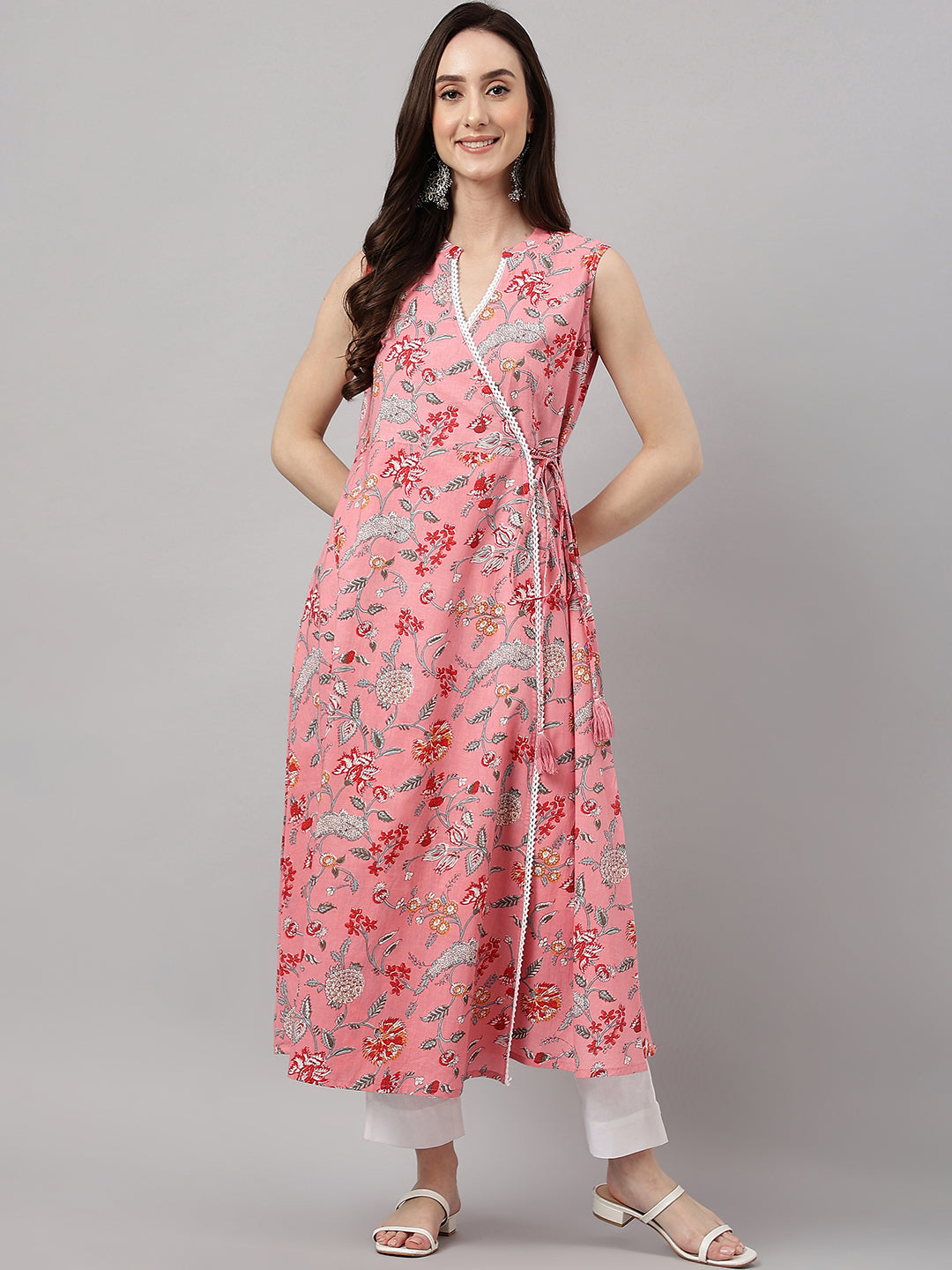 Janasya Women's Pink Cotton Floral Printed Casual Angrakha Kurta | Swadesiicart