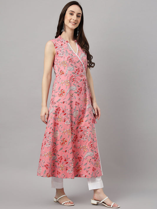Janasya Women's Pink Cotton Floral Printed Casual Angrakha Kurta | Swadesiicart