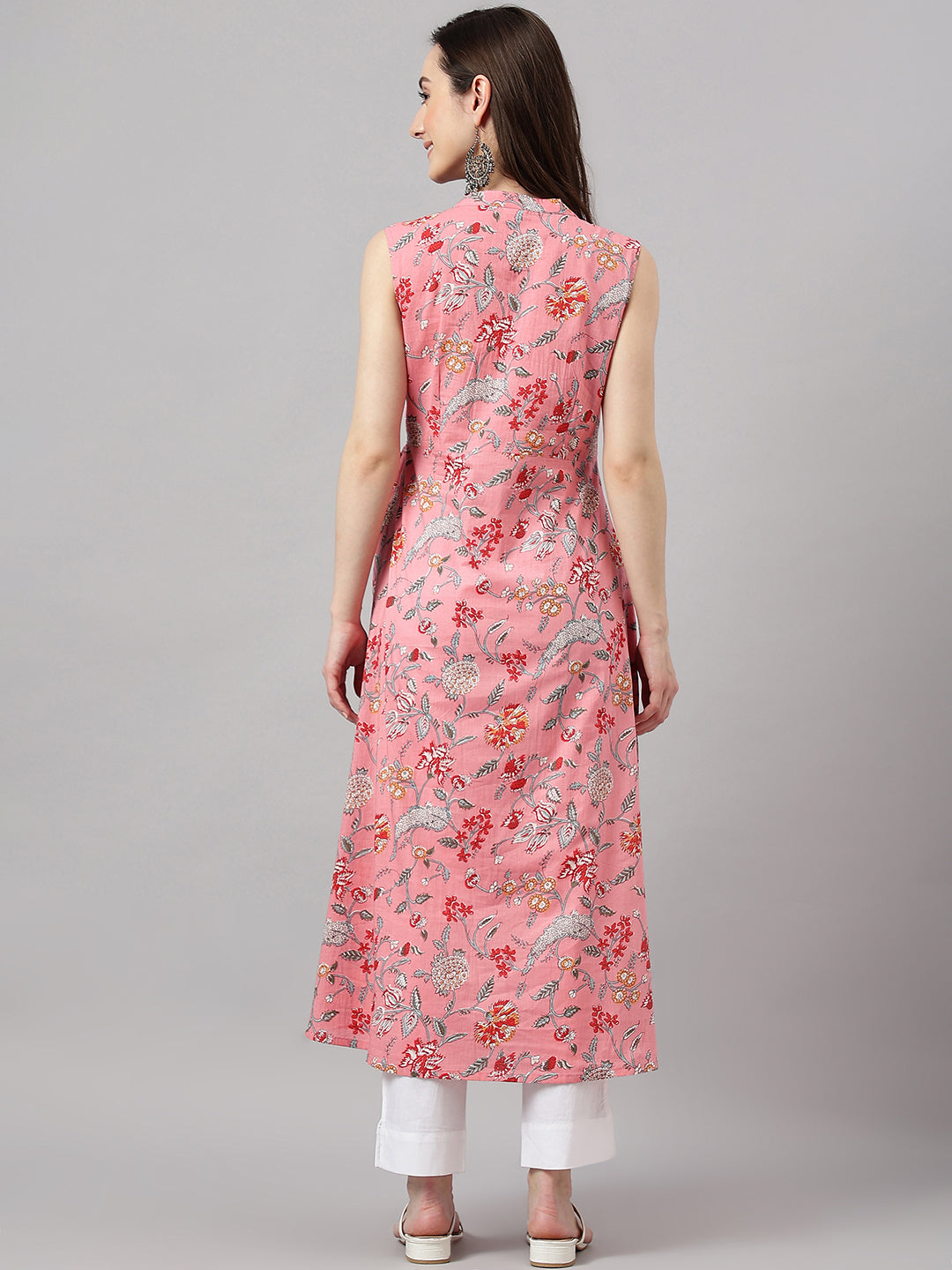 Janasya Women's Pink Cotton Floral Printed Casual Angrakha Kurta | Swadesiicart