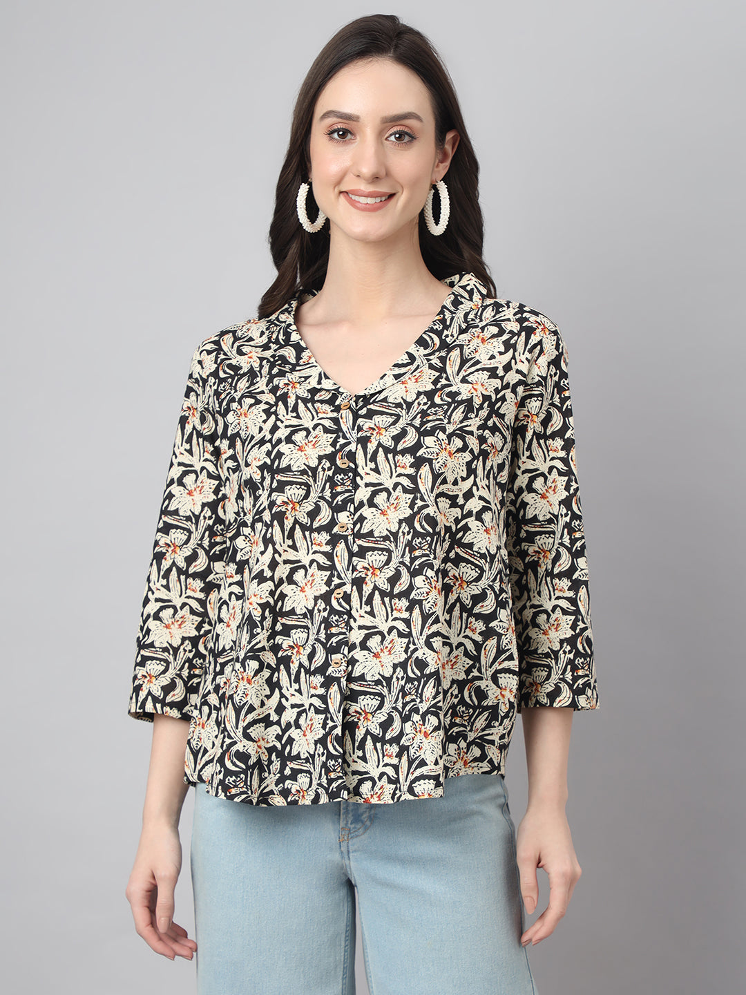Janasya Women's Black Cotton Floral Print Casual Regular Top | Swadesiicart