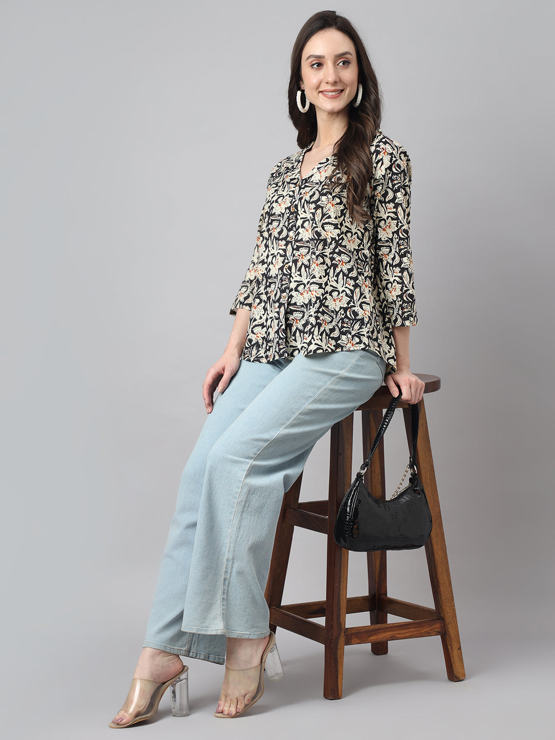 Janasya Women's Black Cotton Floral Print Casual Regular Top | Swadesiicart