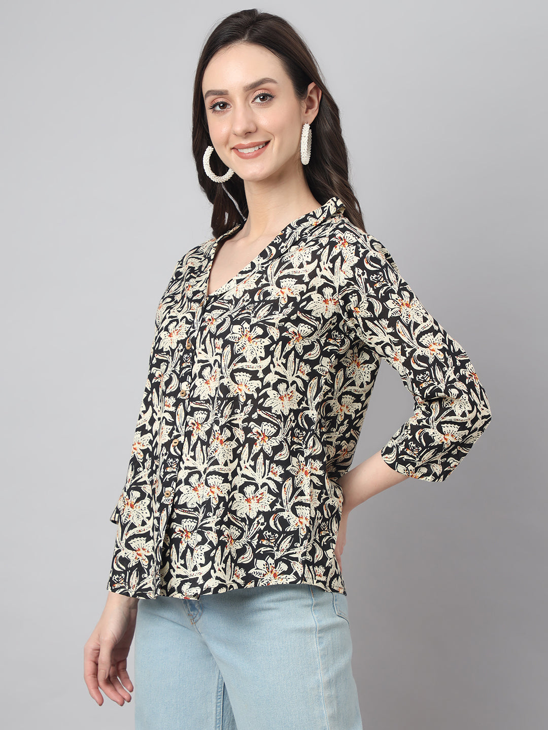 Janasya Women's Black Cotton Floral Print Casual Regular Top | Swadesiicart