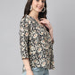 Janasya Women's Black Cotton Floral Print Casual Regular Top | Swadesiicart