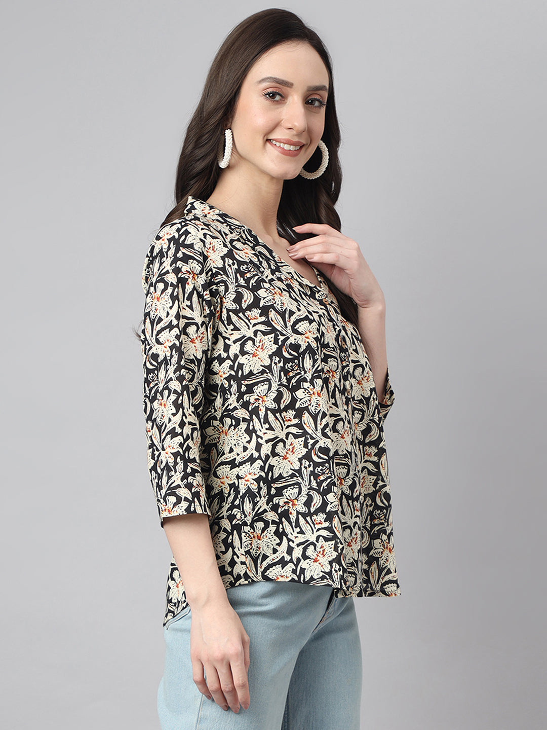 Janasya Women's Black Cotton Floral Print Casual Regular Top | Swadesiicart