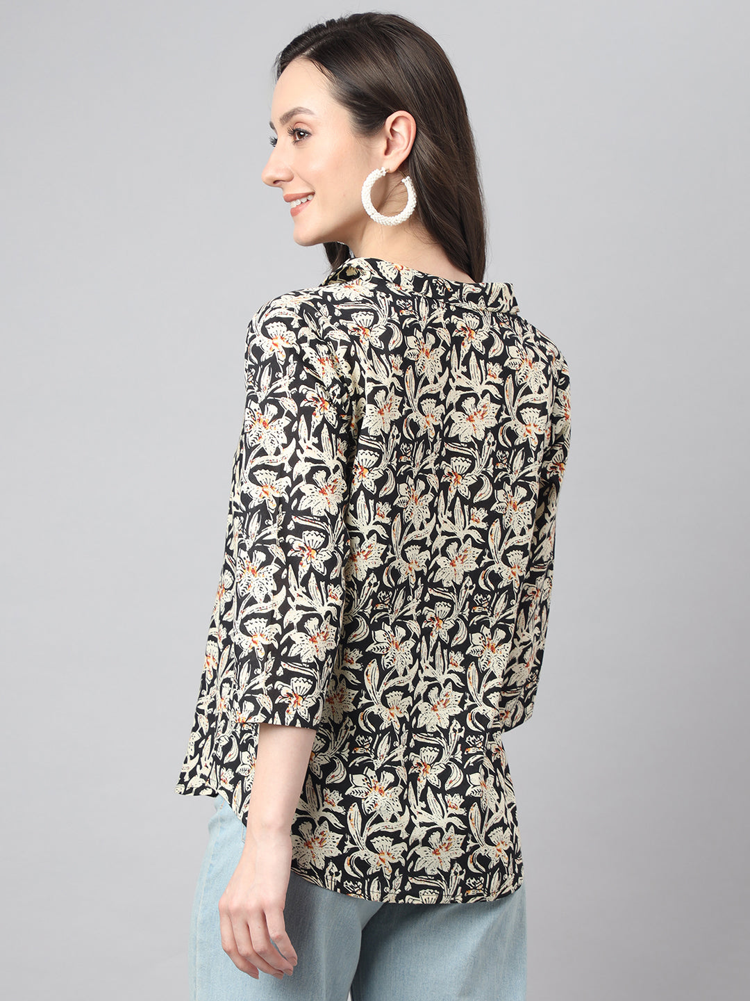 Janasya Women's Black Cotton Floral Print Casual Regular Top | Swadesiicart