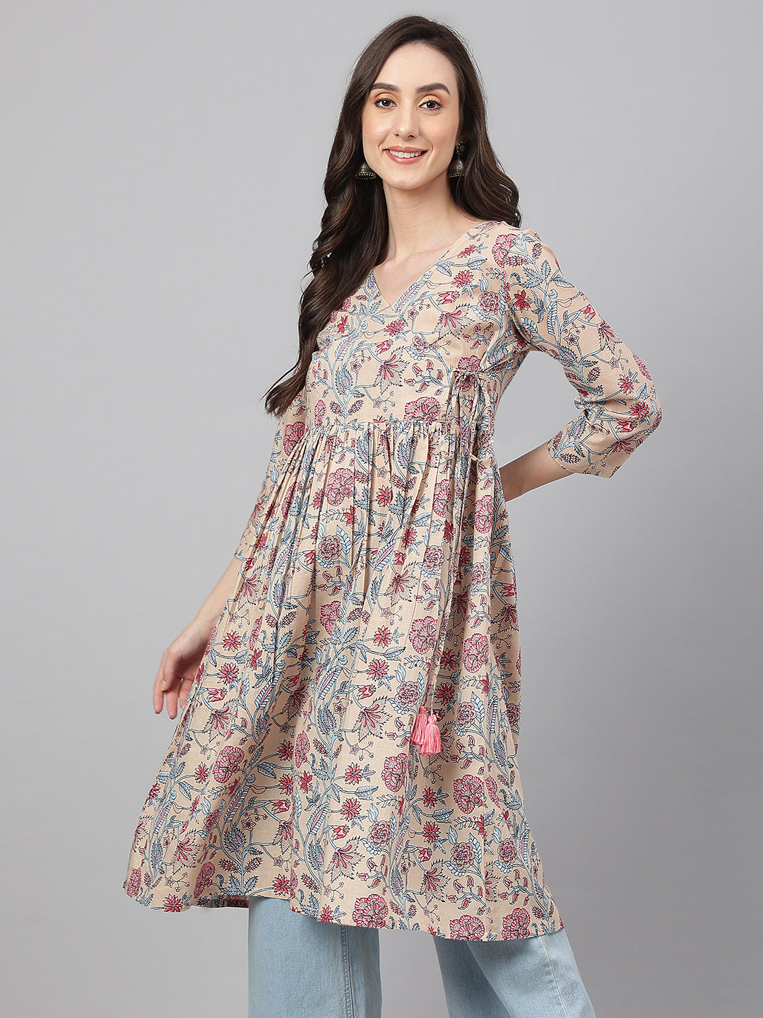 Janasya Women's Beige Cotton Floral Printed Casual Angrakha Kurta | Swadesiicart