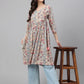 Janasya Women's Beige Cotton Floral Printed Casual Angrakha Kurta | Swadesiicart