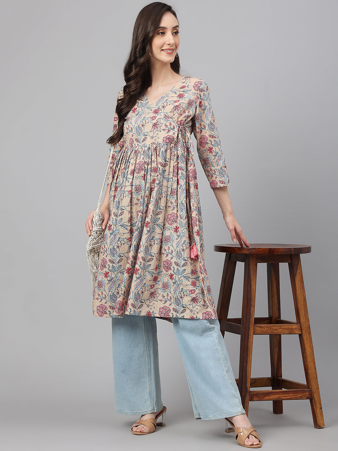 Janasya Women's Beige Cotton Floral Printed Casual Angrakha Kurta | Swadesiicart