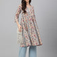 Janasya Women's Beige Cotton Floral Printed Casual Angrakha Kurta | Swadesiicart