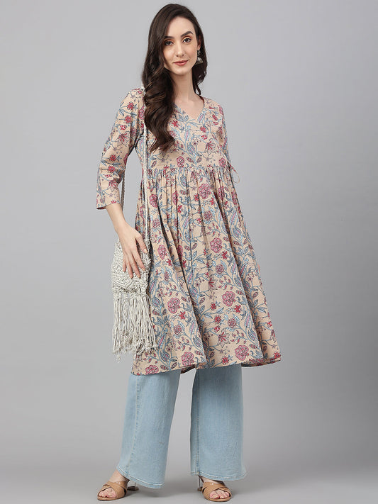 Janasya Women's Beige Cotton Floral Printed Casual Angrakha Kurta | Swadesiicart