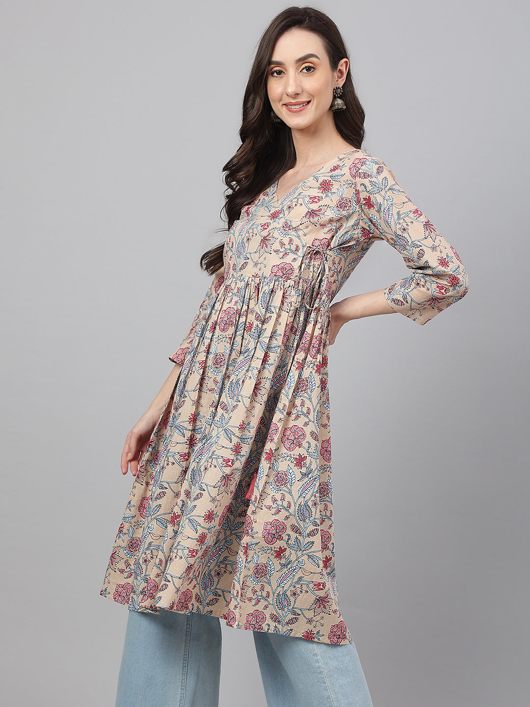 Janasya Women's Beige Cotton Floral Printed Casual Angrakha Kurta | Swadesiicart