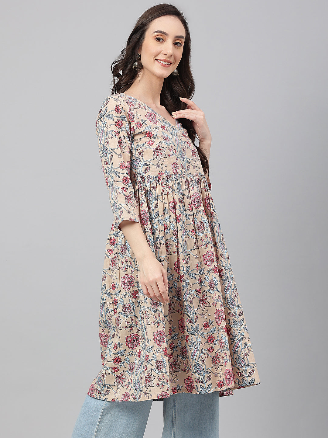 Janasya Women's Beige Cotton Floral Printed Casual Angrakha Kurta | Swadesiicart