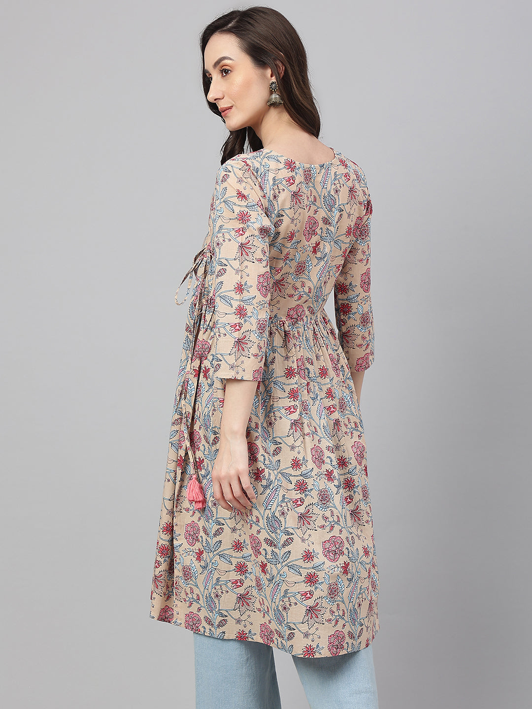 Janasya Women's Beige Cotton Floral Printed Casual Angrakha Kurta | Swadesiicart