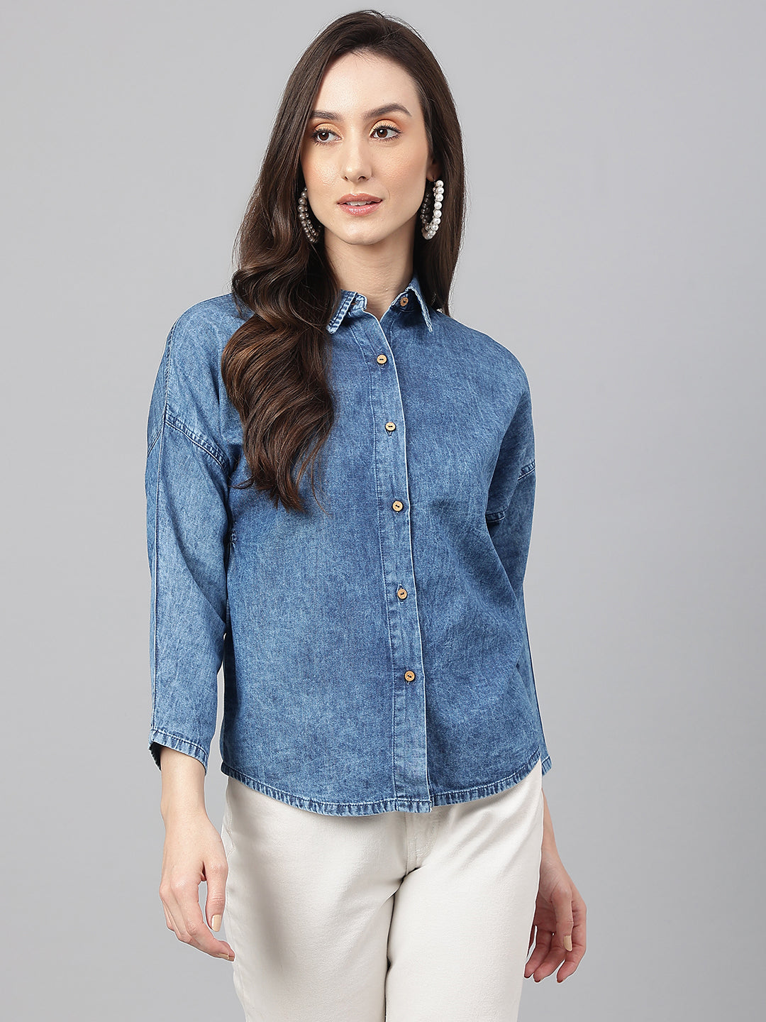 Janasya Women's Blue Denim Solid Shirt Style Top | Swadesiicart