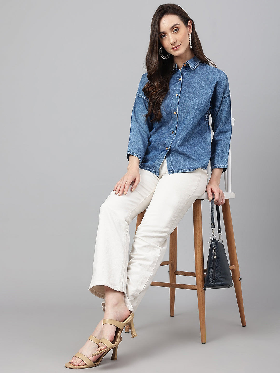 Janasya Women's Blue Denim Solid Shirt Style Top | Swadesiicart